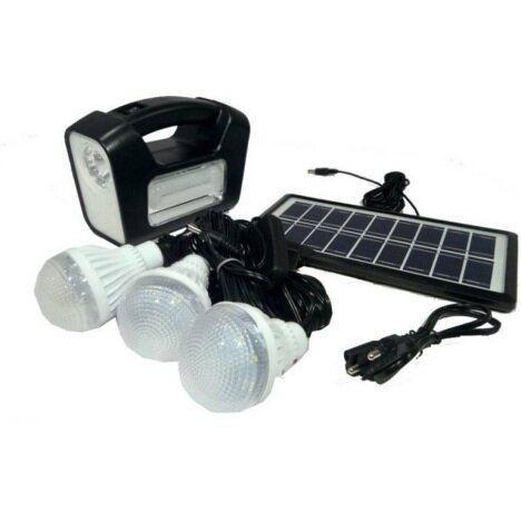 Kit Iiluminare cu 3 becuri cu panou solar fotovoltaic,lanterna,lampa si cabluri incarcare telefoane